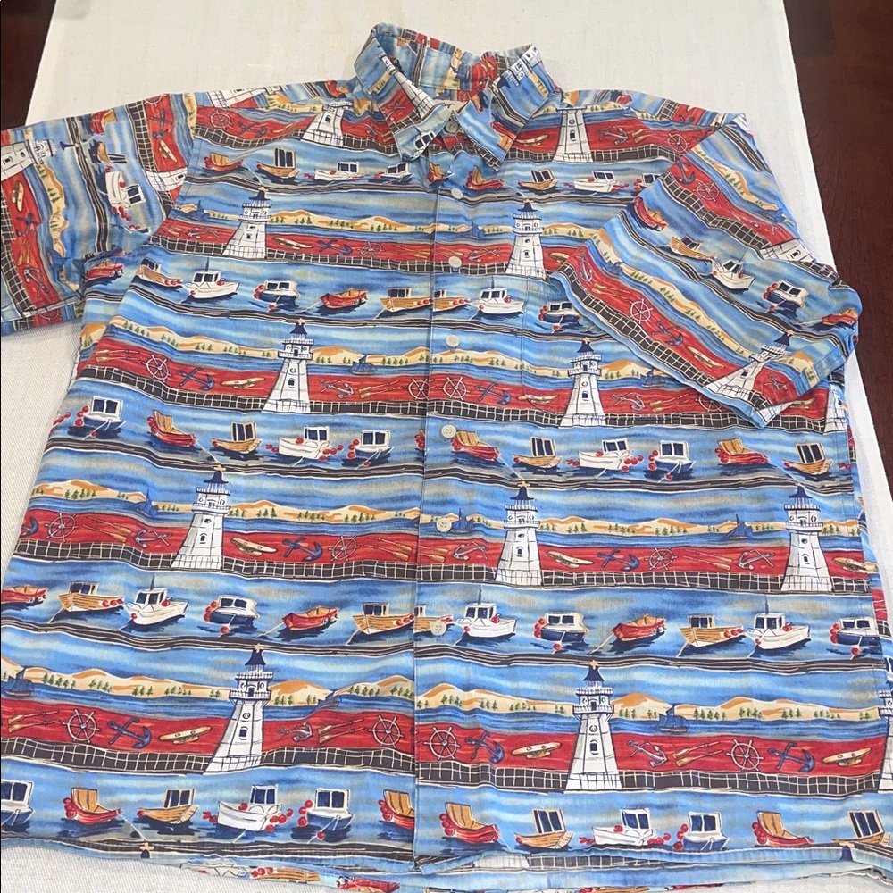 01177 Reyn Spooner Blue Nautical Print Shirt